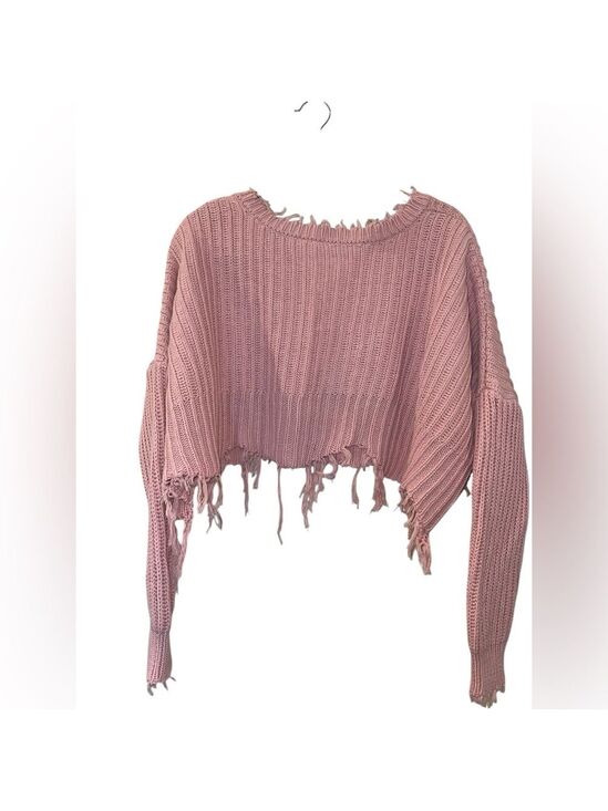 Skylar + Madison Sweaters - Moon & Madison Women’s Oversized Sweater Pink Distressed Hem Crop Size: Small